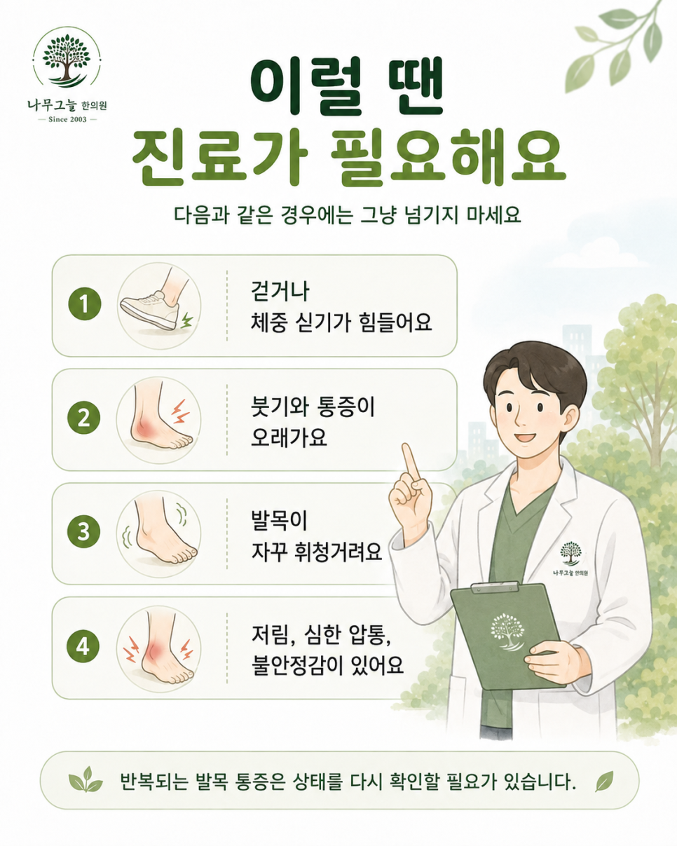 발목 염좌 뒤 회복 단계 네 가지를 정리한 나무그늘한의원 카드뉴스