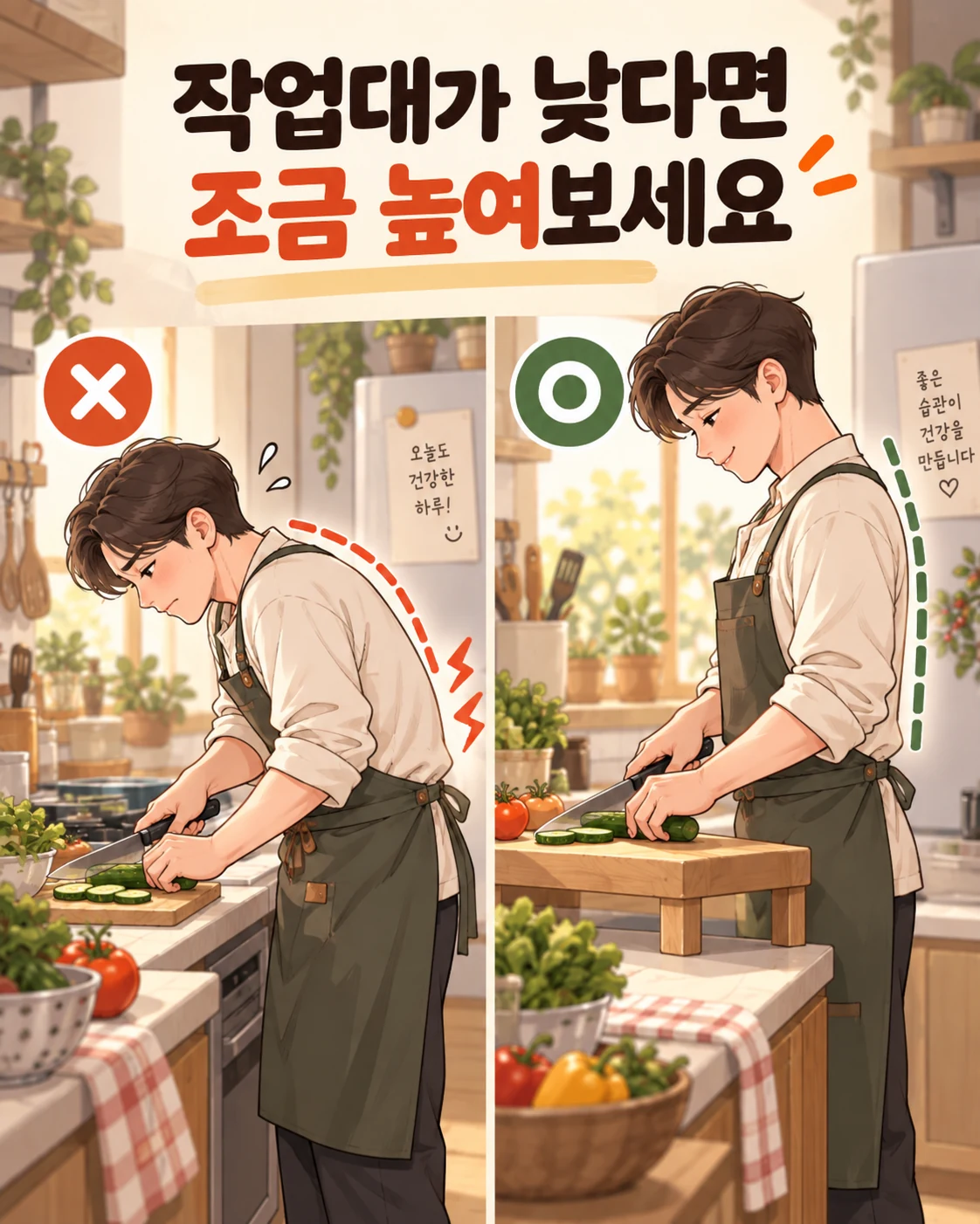낮은 조리대에서 허리를 숙인 자세와 안정된 작업판으로 높이를 조절해 재료를 써는 모습