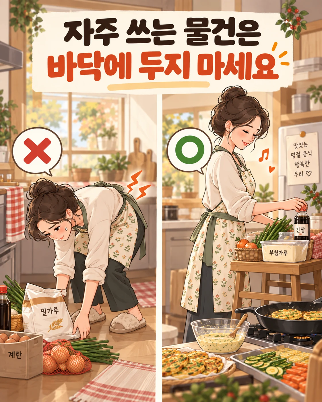 명절 음식 재료를 바닥에서 꺼내는 모습과 손이 닿는 높이의 보조대에 두는 방법