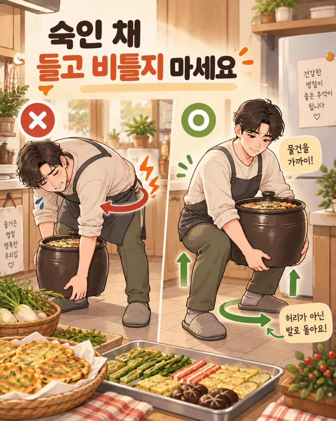 허리를 숙인 채 냄비를 들고 비트는 동작과 물건을 몸 가까이 두고 발로 방향을 바꾸는 방법