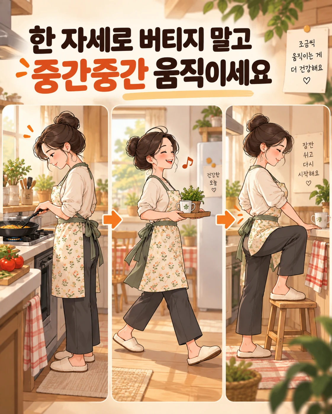 명절 음식 준비 중 조리대를 벗어나 걷고 자세를 바꾸며 잠깐 쉬는 모습