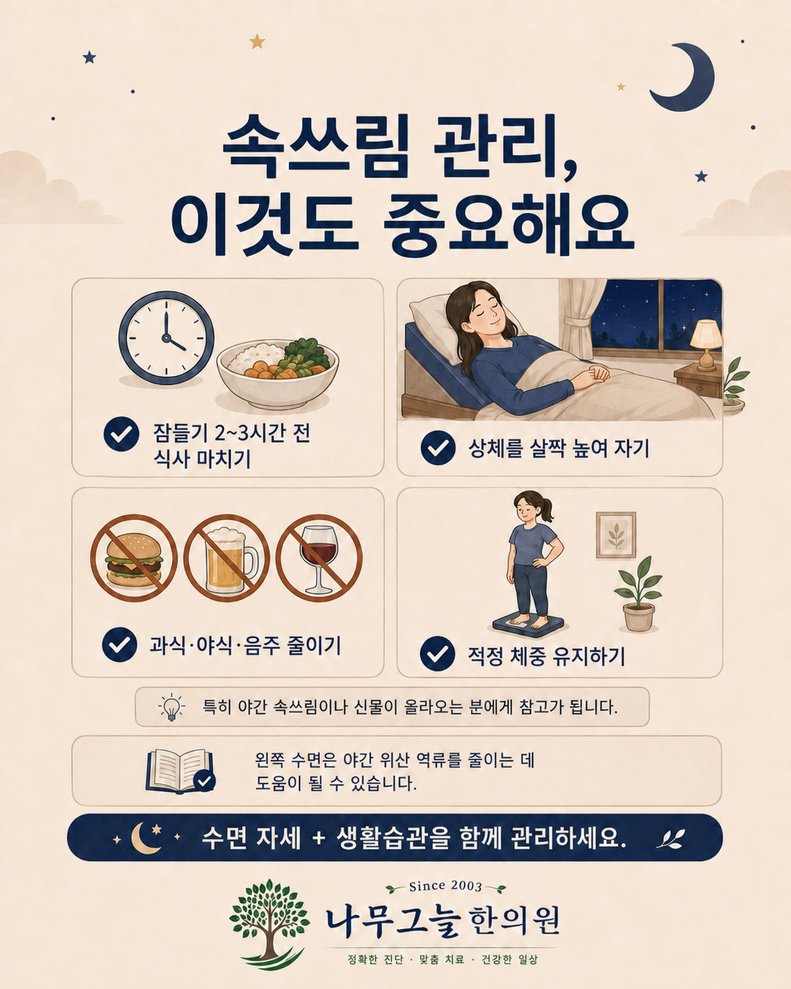 역류성식도염의 야간 생활 관리를 정리한 나무그늘한의원 카드뉴스