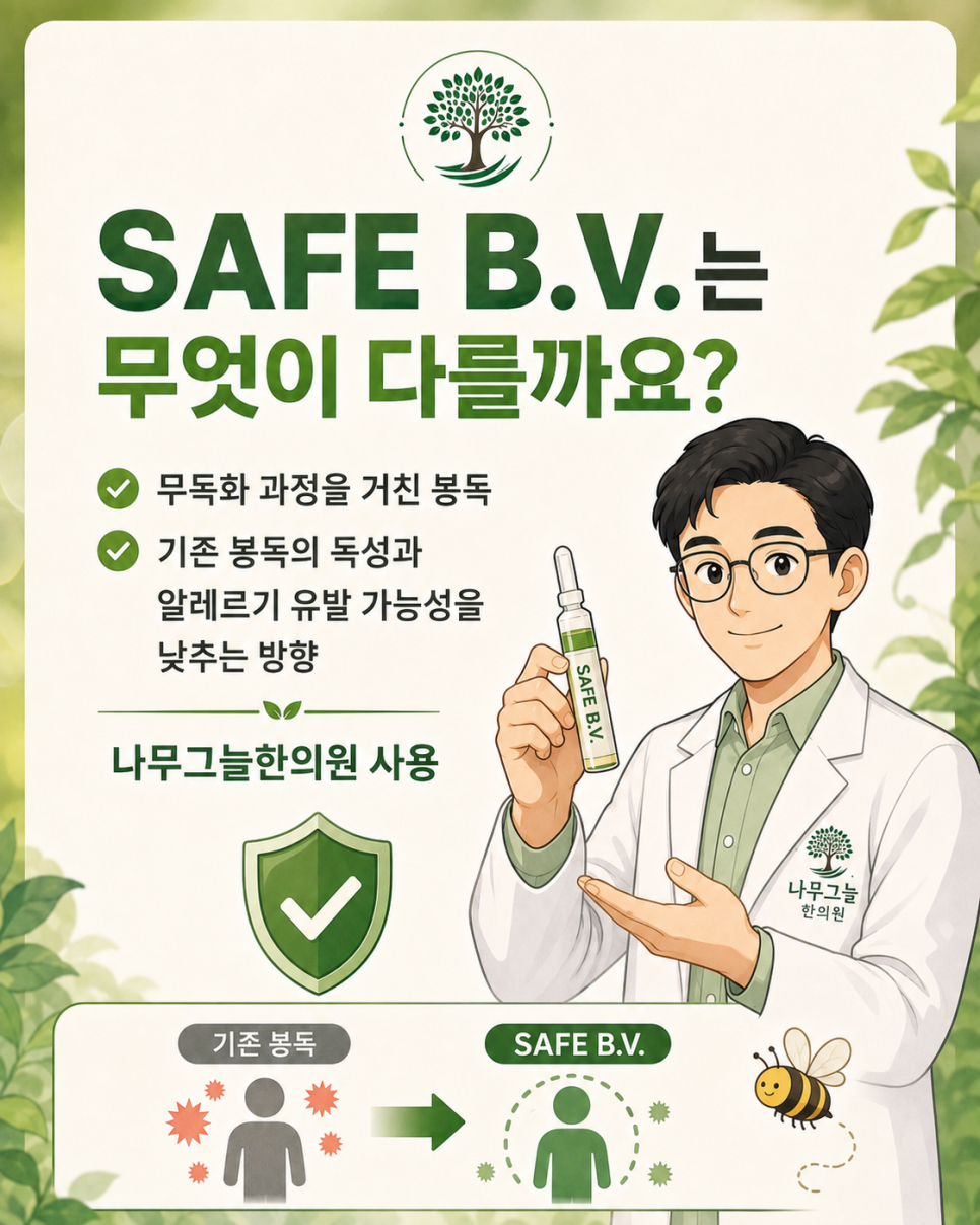 일반 봉독과 SAFE B.V.의 차이를 정리한 나무그늘한의원 카드뉴스